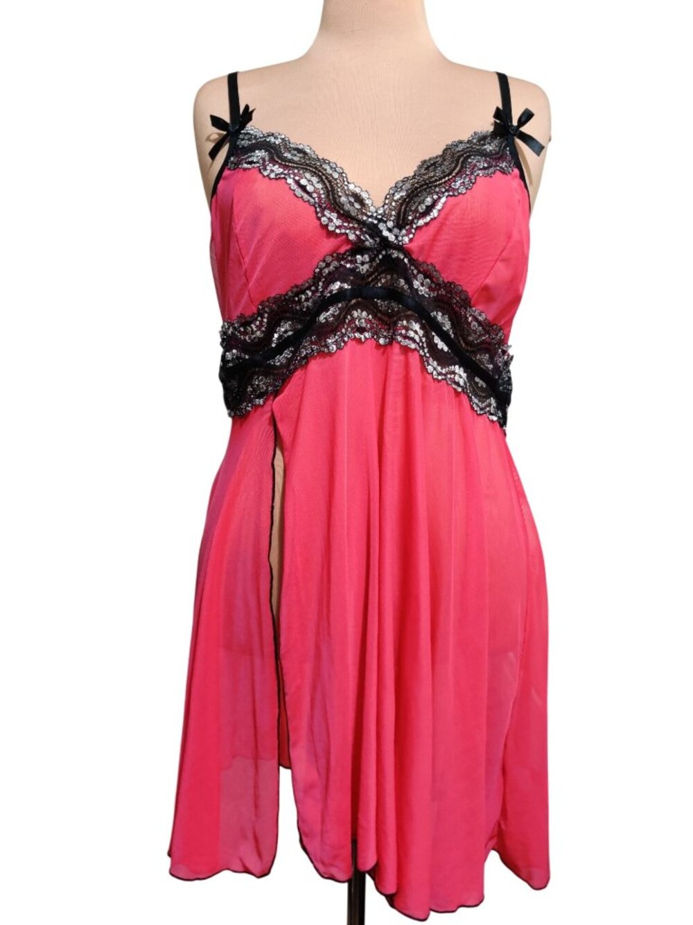 Involand 22W Pink Black Lace Babydoll Plus Size Slip Dress Sheer Lingerie Sexy